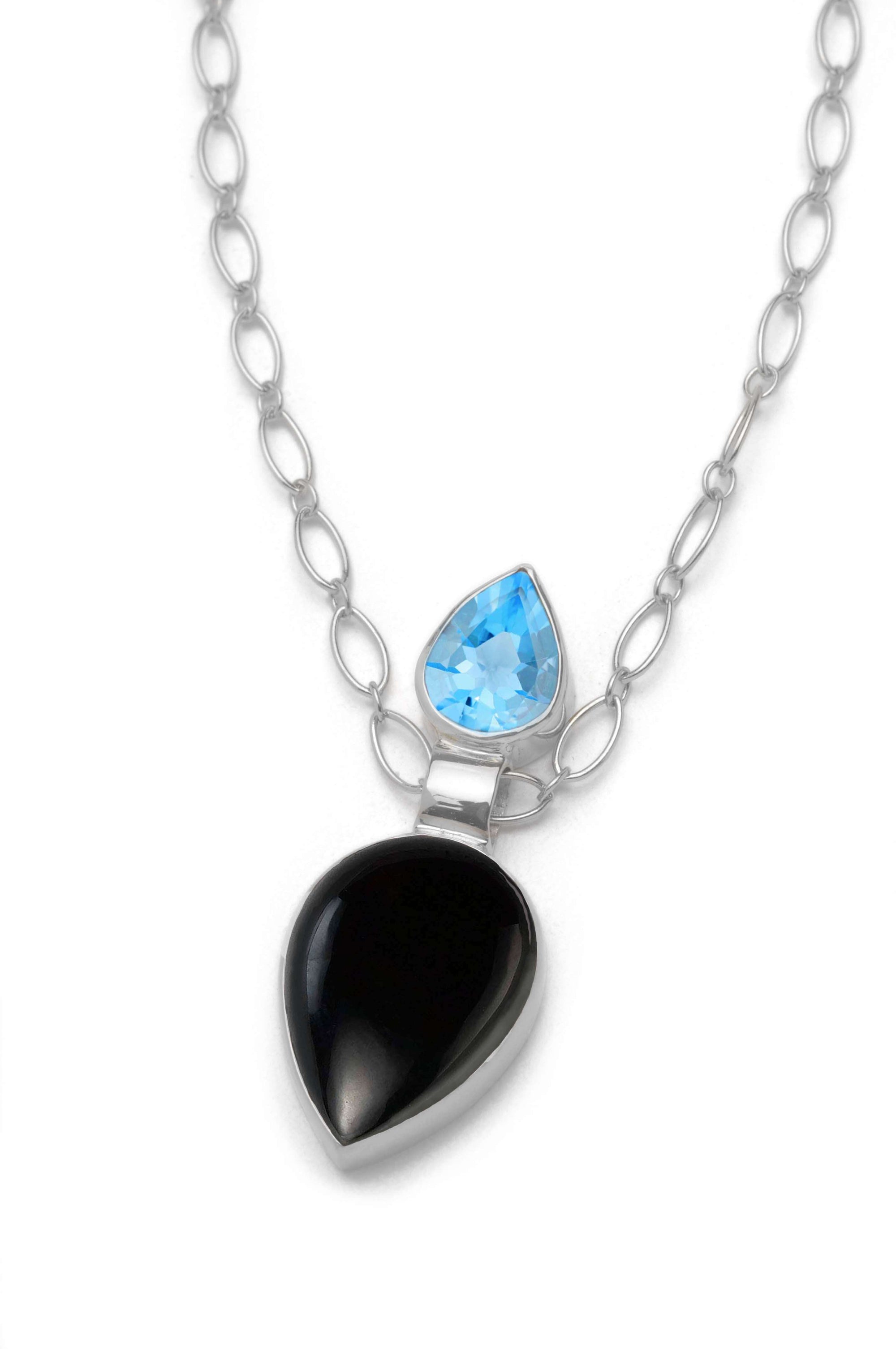 A black onyx necklace with Swiss blue topaz and sterling silver