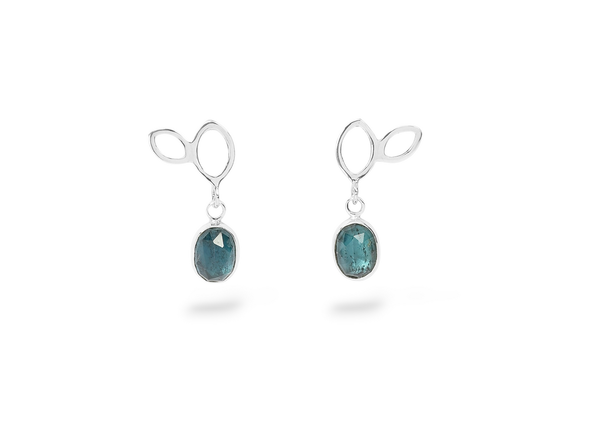 Falling Leaves Drop Earrings with Rose cut Moss Kyanite in Sterling Silver