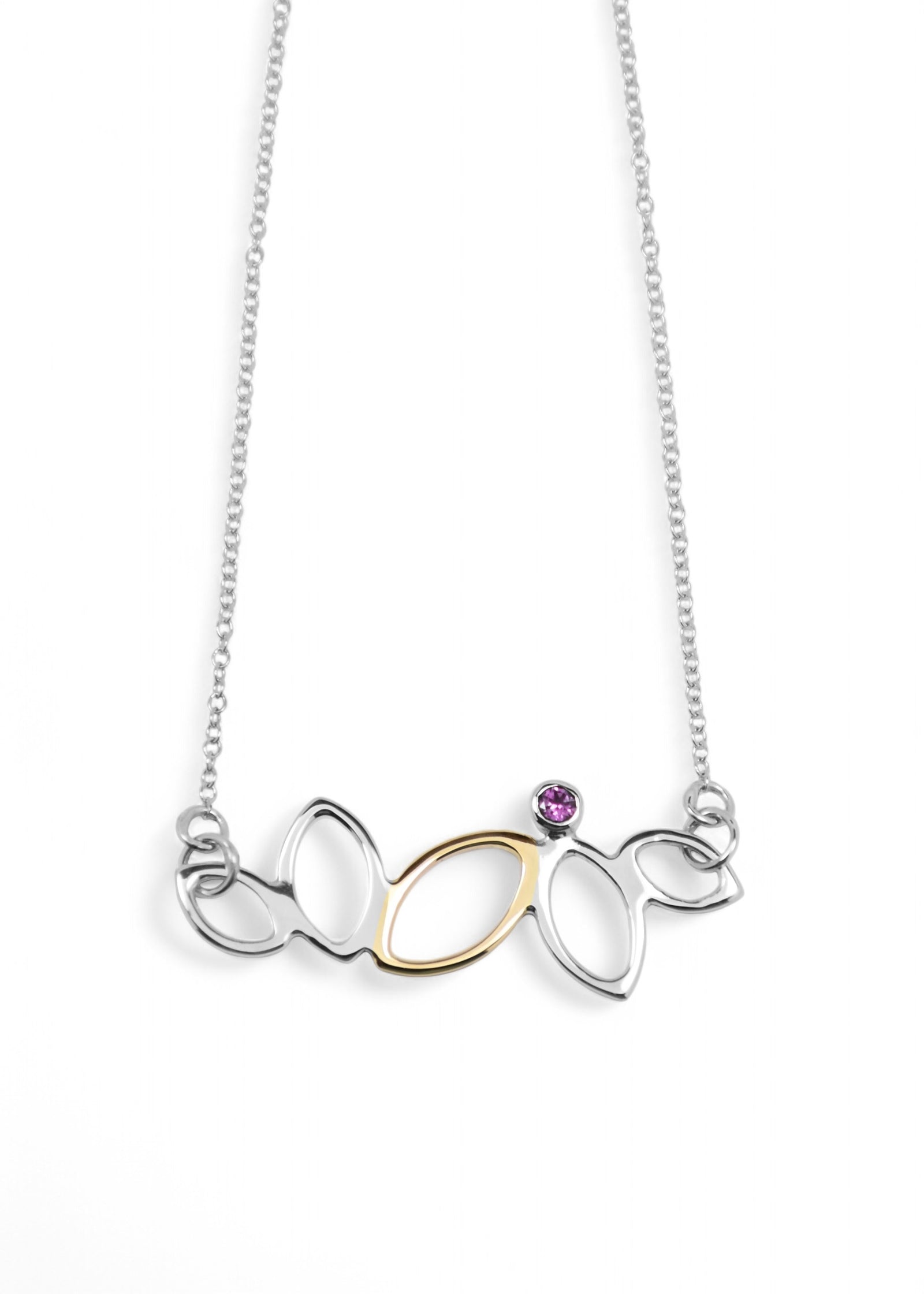 Mixed Metal Falling Leaves Necklace with 3mm Rhodolite Garnet