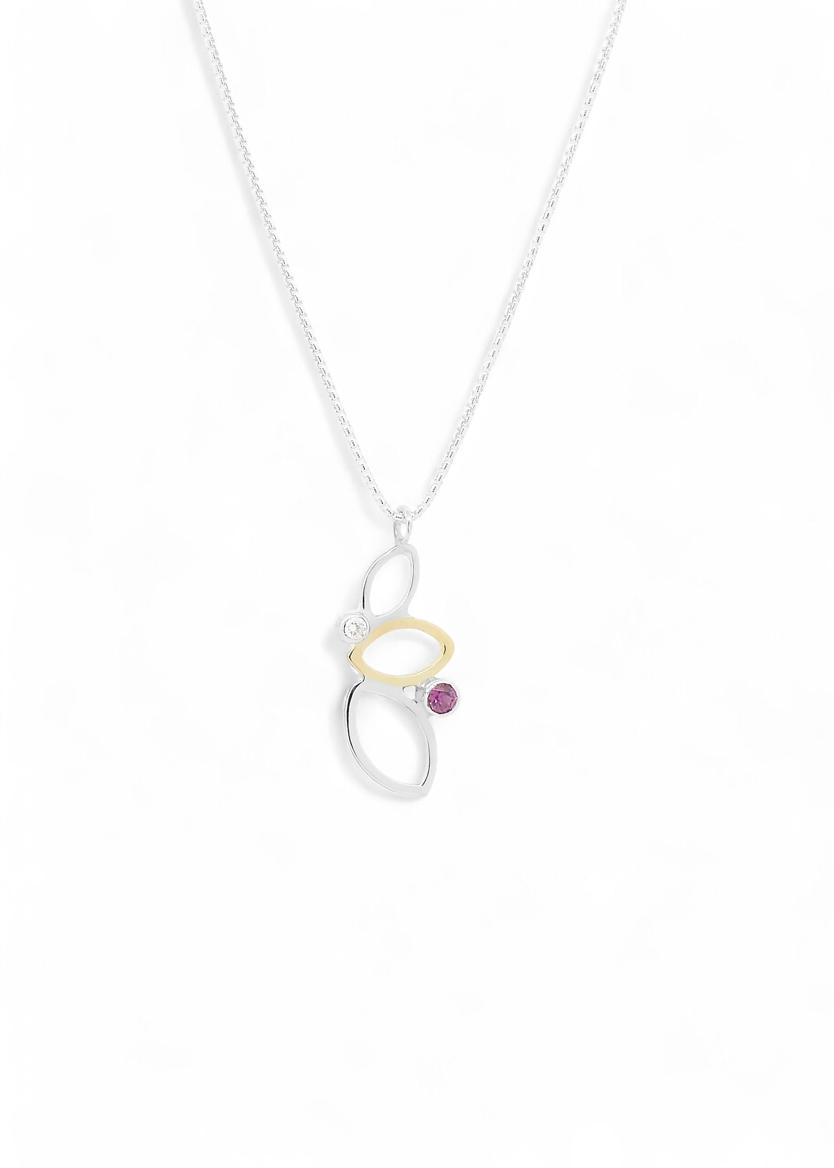 Falling Leaves Pendant Sterling Silver with 14k leaf reclaimed diamond and rhodolite garnet