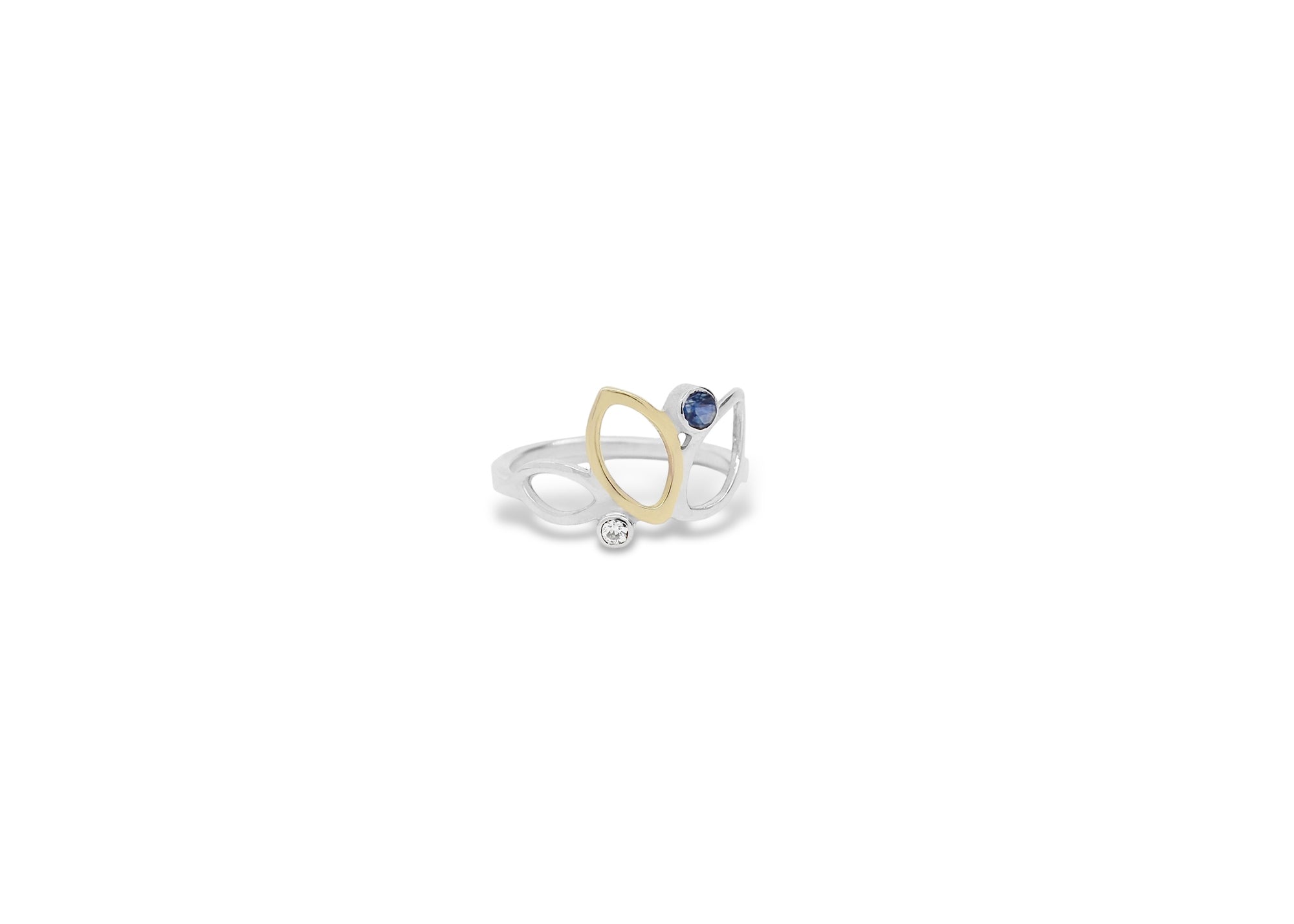 sterling silver ring with one 14k leaf and 2 sterling silver ring with Montana Sapphire and reclaimed diamond