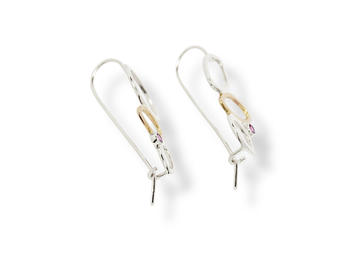 Falling Leaves Drop Earrings, Sterling Silver &amp; 14k gold, Rhodolite Garnet or Montana Sapphire