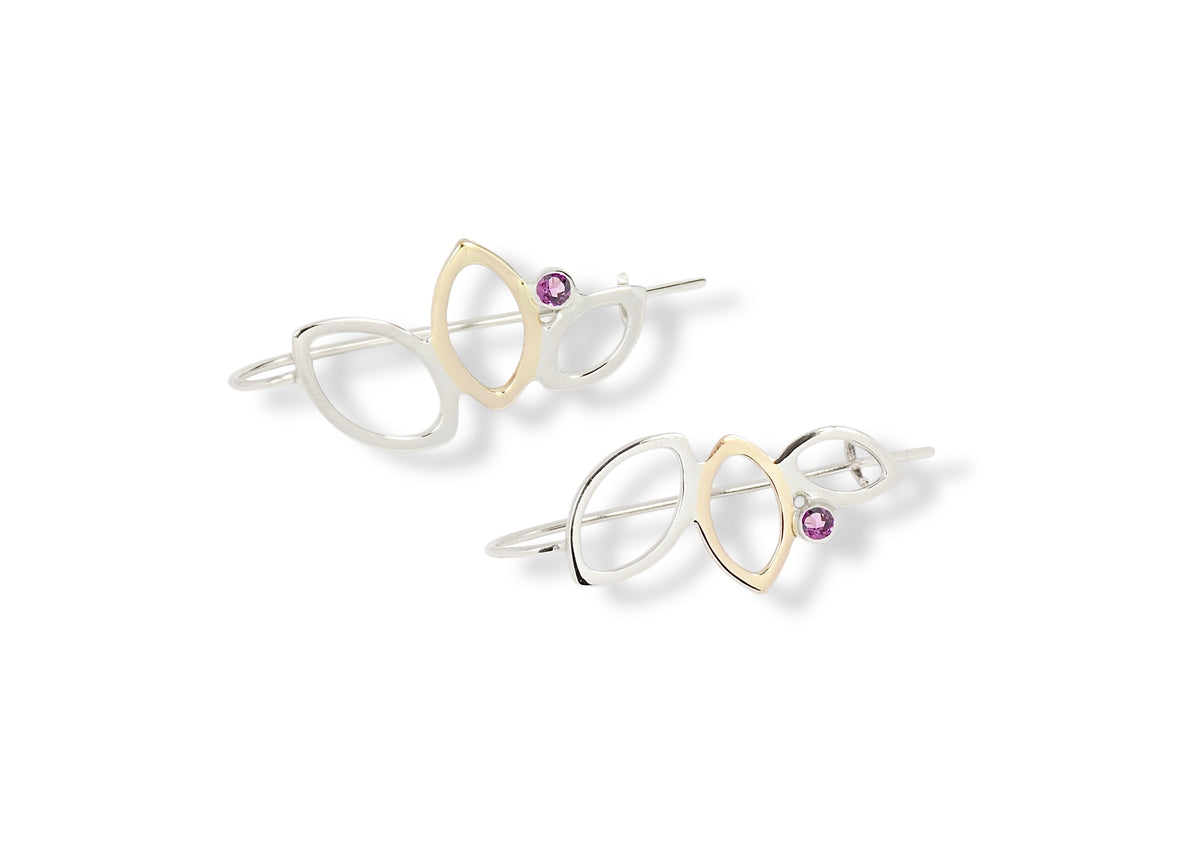 Falling Leaves Drop Earrings, Sterling Silver &amp; 14k gold, Rhodolite Garnet or Montana Sapphire