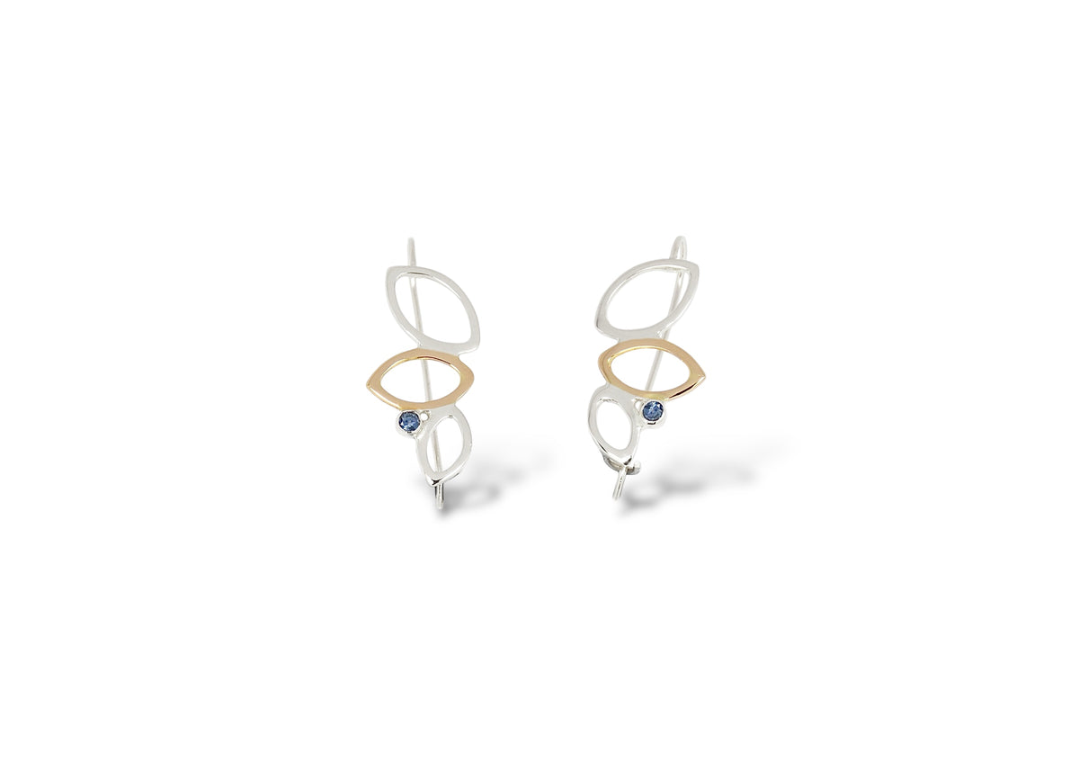 Falling Leaves Drop Earrings, Sterling Silver &amp; 14k gold, Rhodolite Garnet or Montana Sapphire