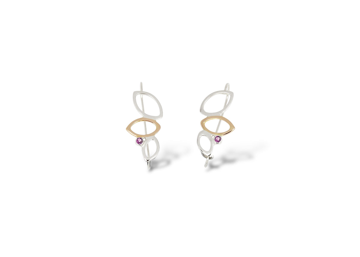 Falling Leaves Drop Earrings, Sterling Silver &amp; 14k gold, Rhodolite Garnet or Montana Sapphire