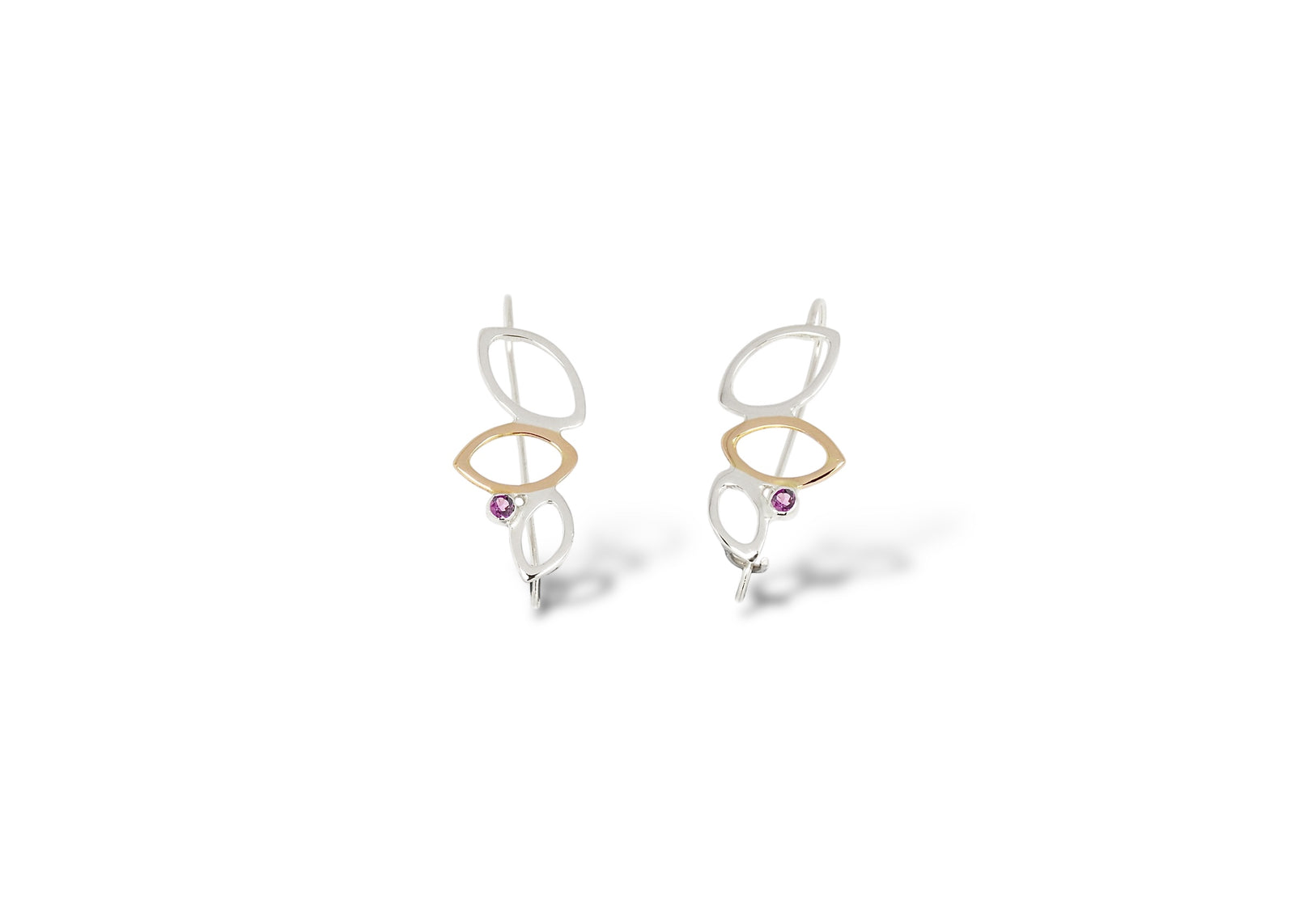 Falling Leaves Drop Earrings, Sterling Silver & 14k gold, Rhodolite Garnet or Montana Sapphire