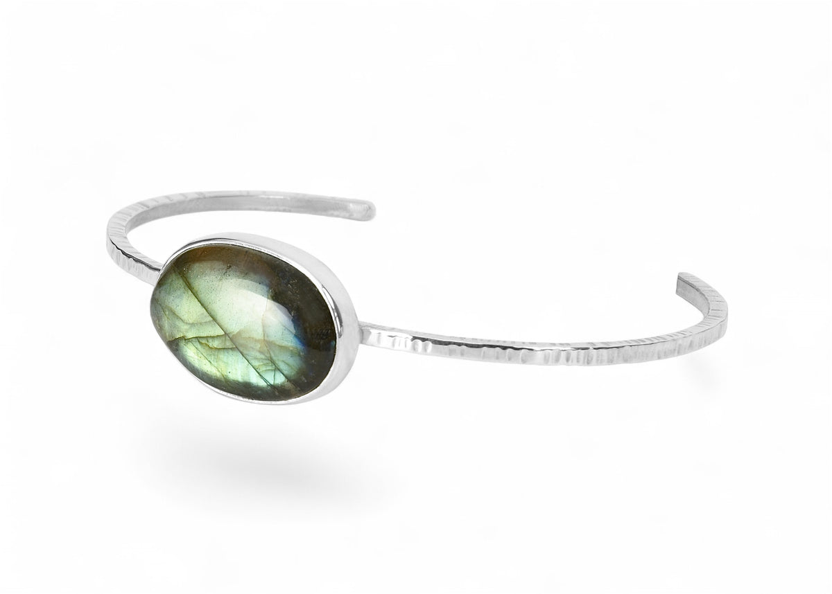 Labradorite with Green Flash Set in Sterling Silver on Hammered Cuff