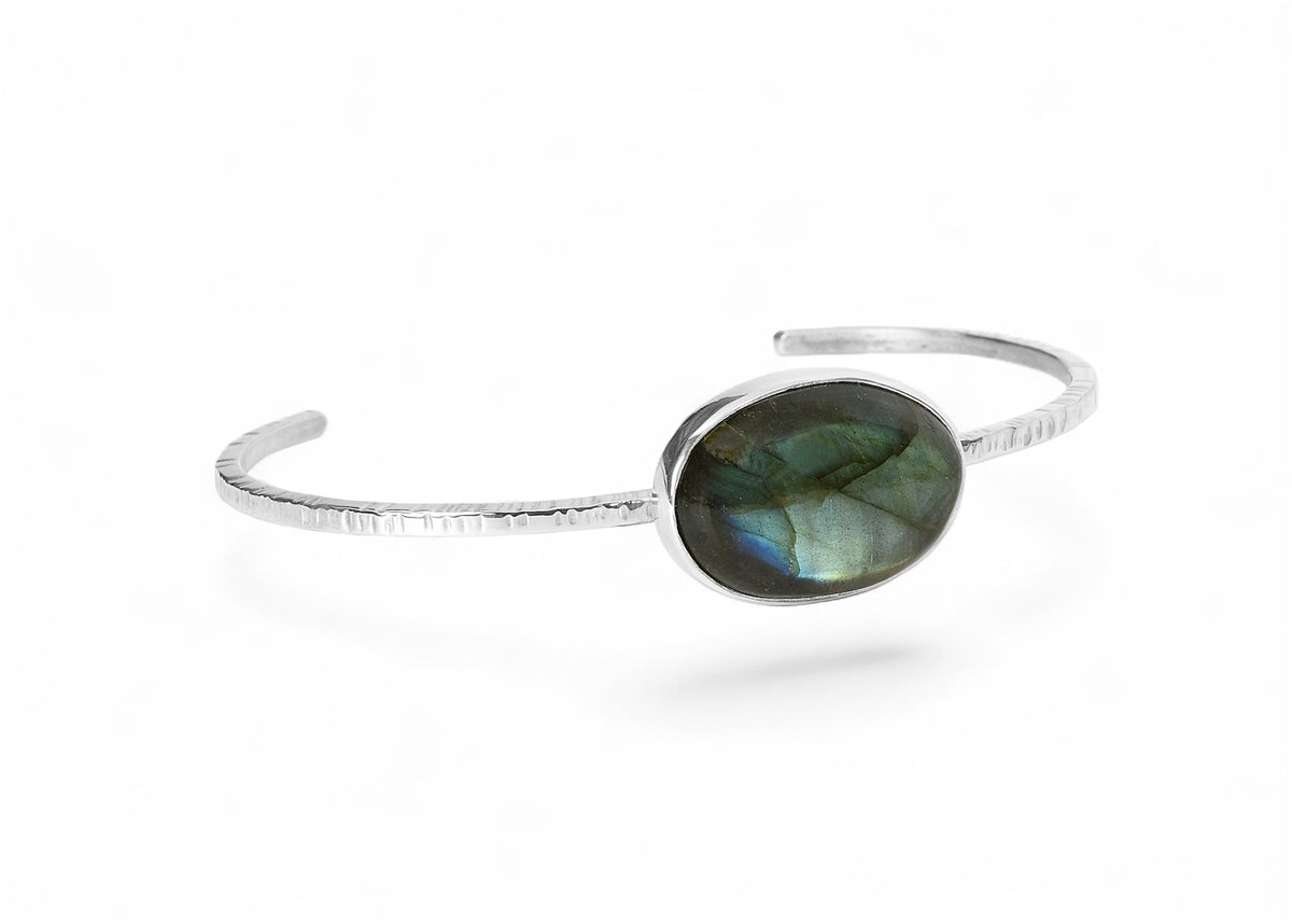 Labradorite with Green Flash Set in Sterling Silver on Hammered Cuff