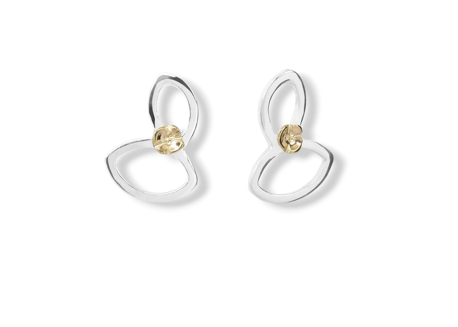 Small Falling Leaves Studs, sterling silver & 14k Flower