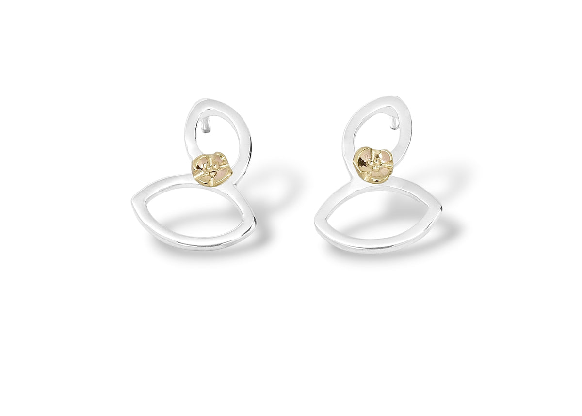 Small Falling Leaves Studs, sterling silver &amp; 14k Flower