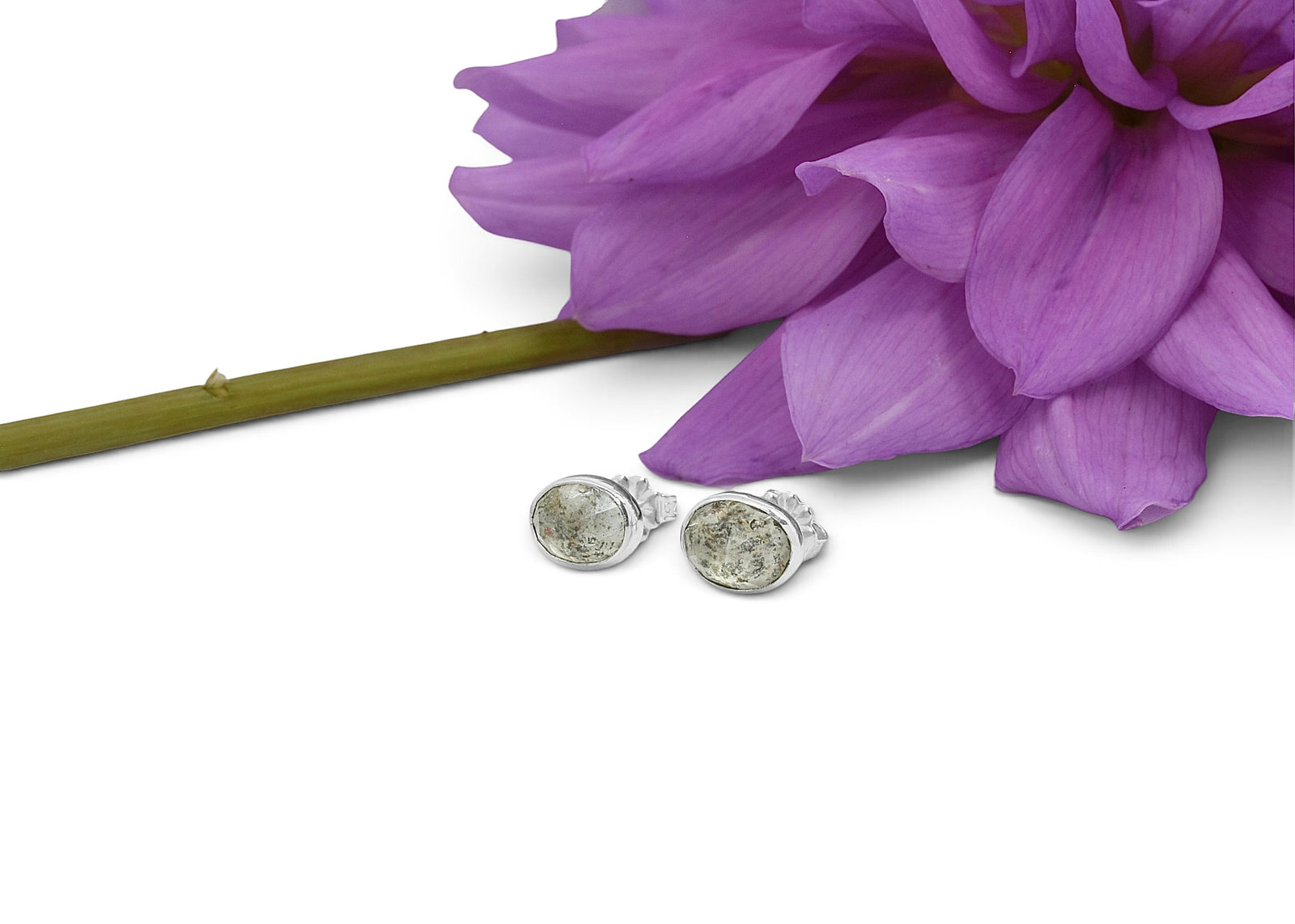 Moss Aquamarine Rose Cut Studs in Sterling Silver