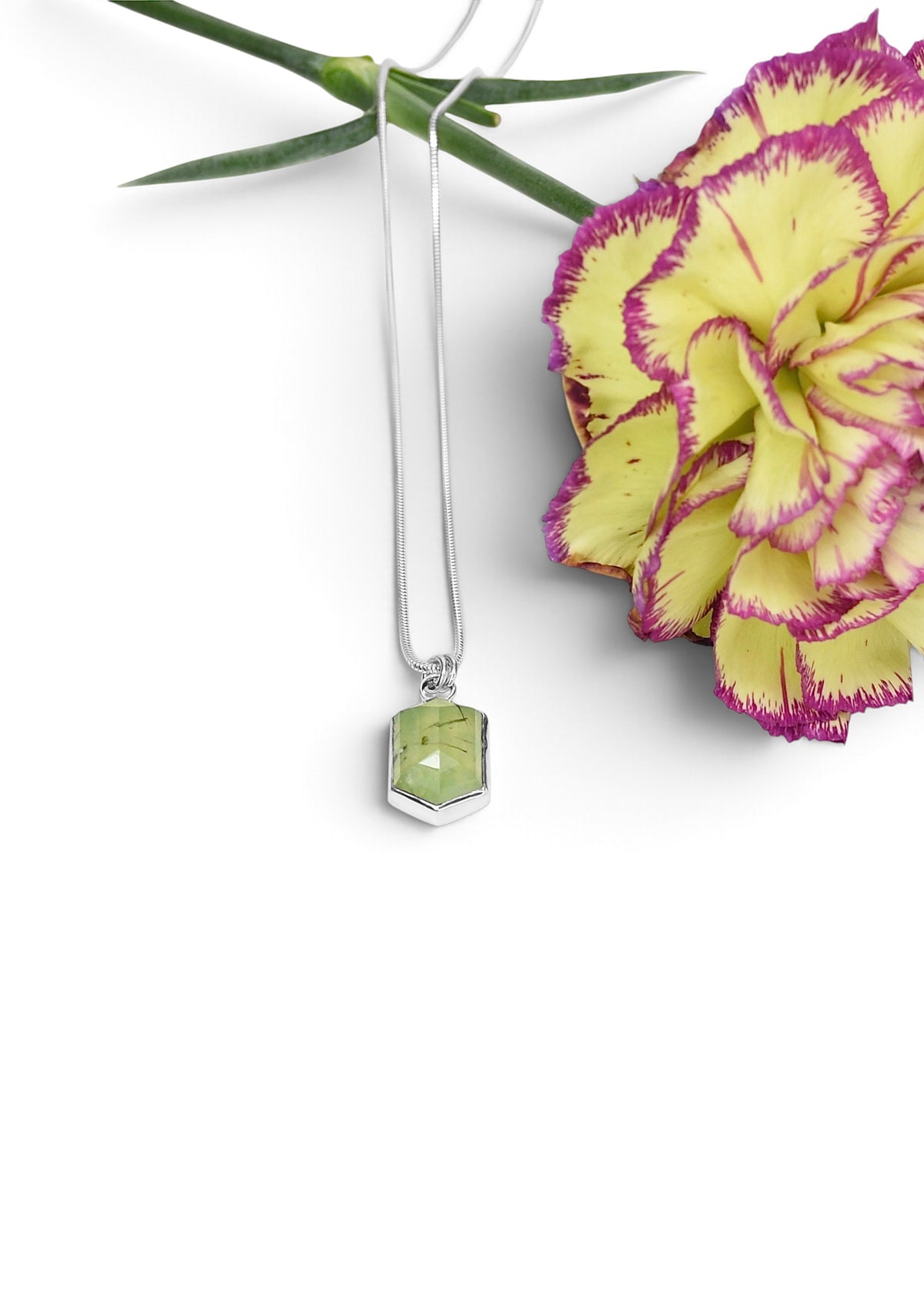 Tourmalinated Prehnite Hexagon Pendant in Sterling Silver