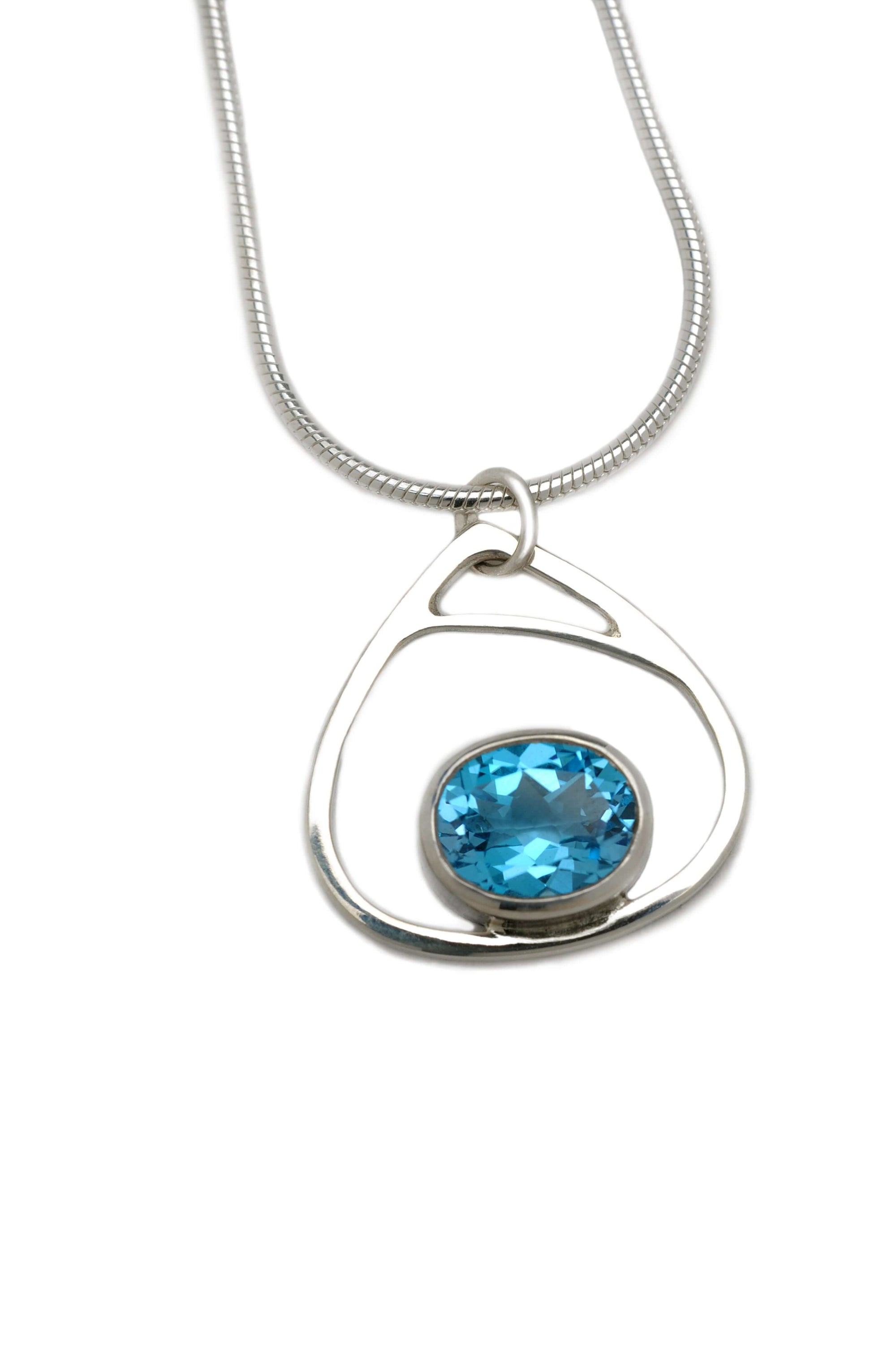 A sterling silver droplet necklace with Swiss blue topaz