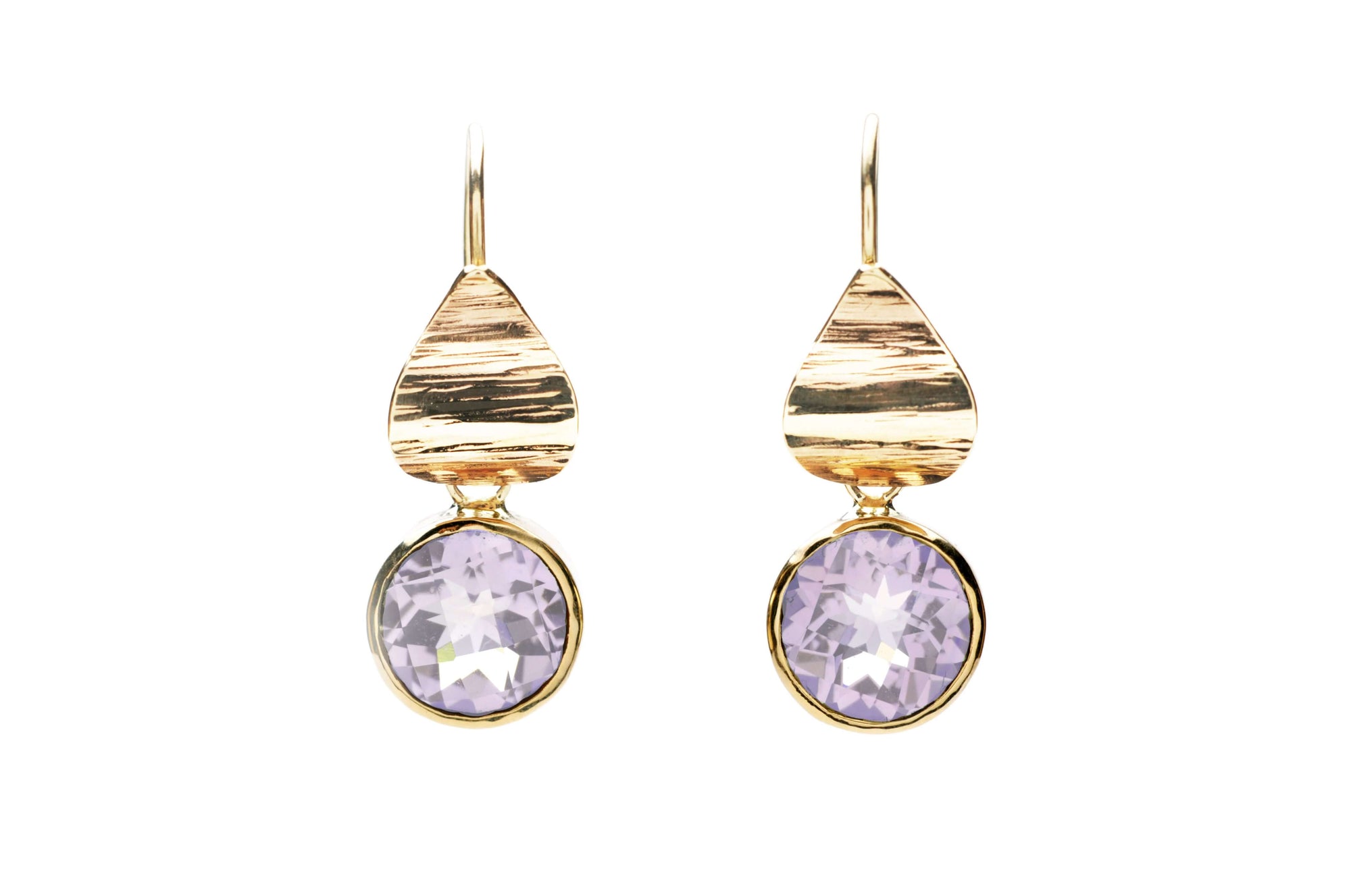 a pair of pink amethyst and 14k gold flora drop earrings