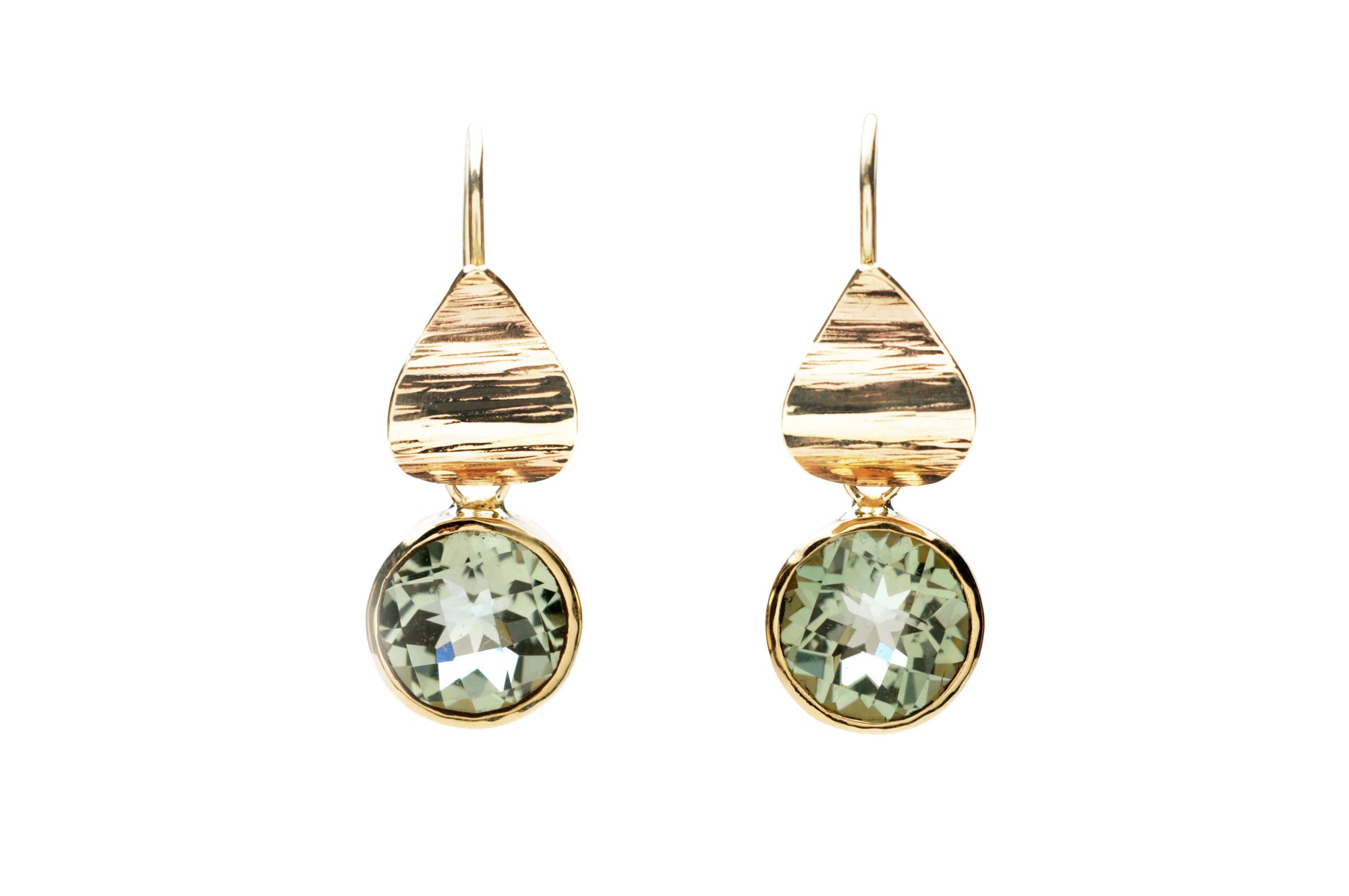 A pair of prasiolite earrings, yellow gold setting included