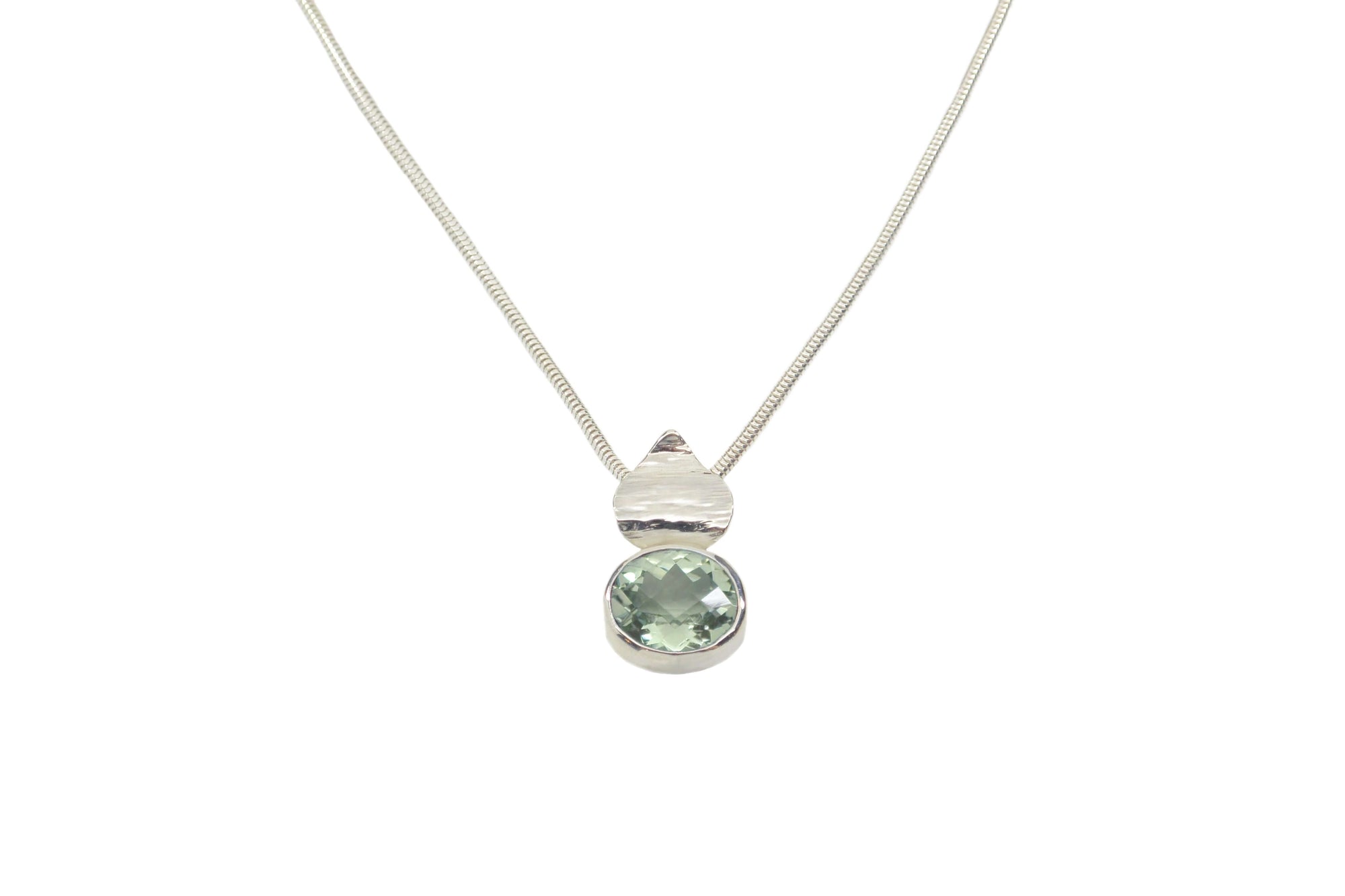 A handmade sterling silver prasiolite pendant necklace on a silver chain