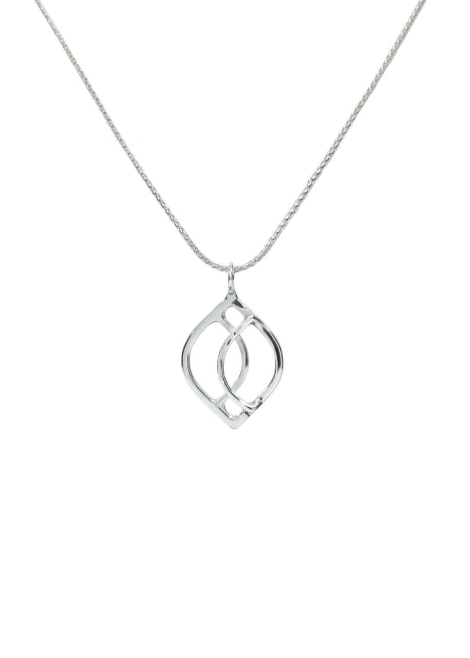 A sterling silver wave pendant is shown on a sterling silver chain