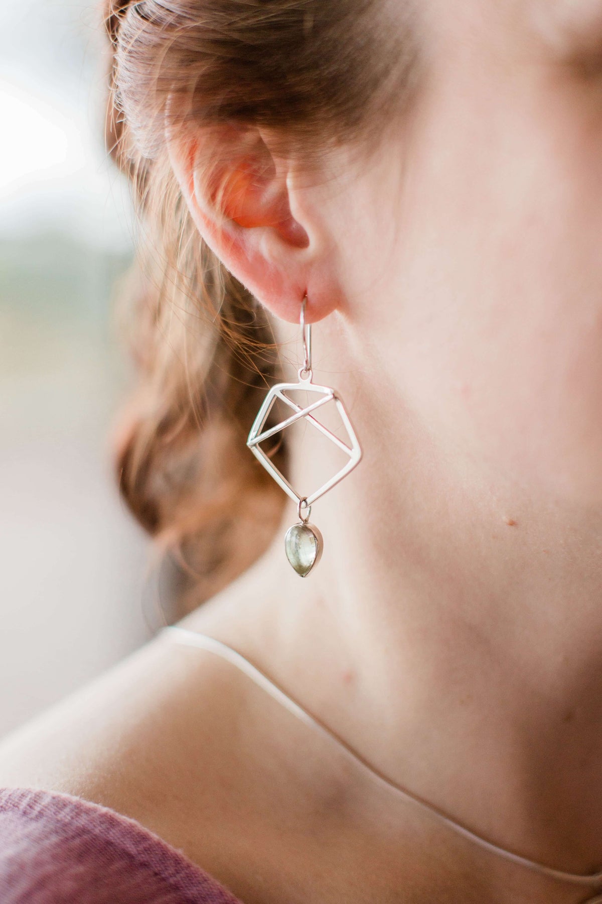 Sterling silver pentagon dangle earrings with green prasiolite