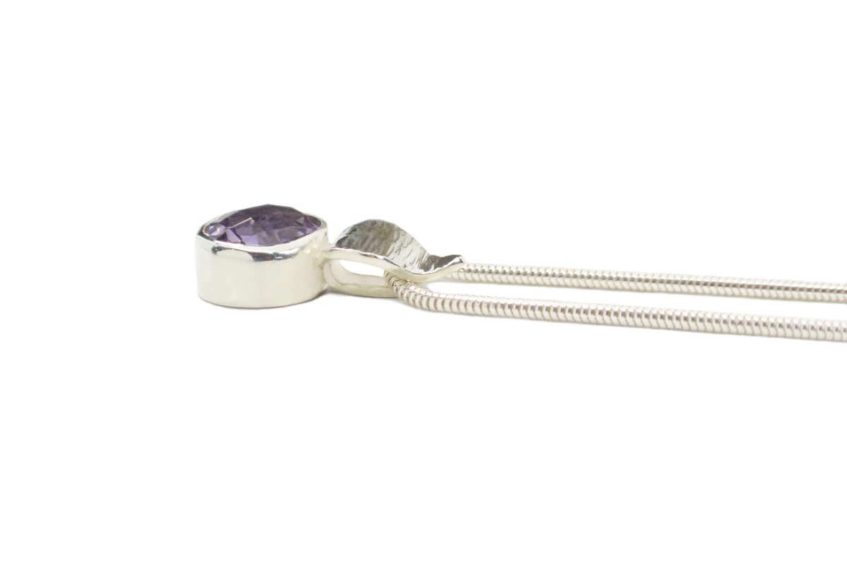 A side view of the Sterling Silver Necklace with Amethyst on a silver chain