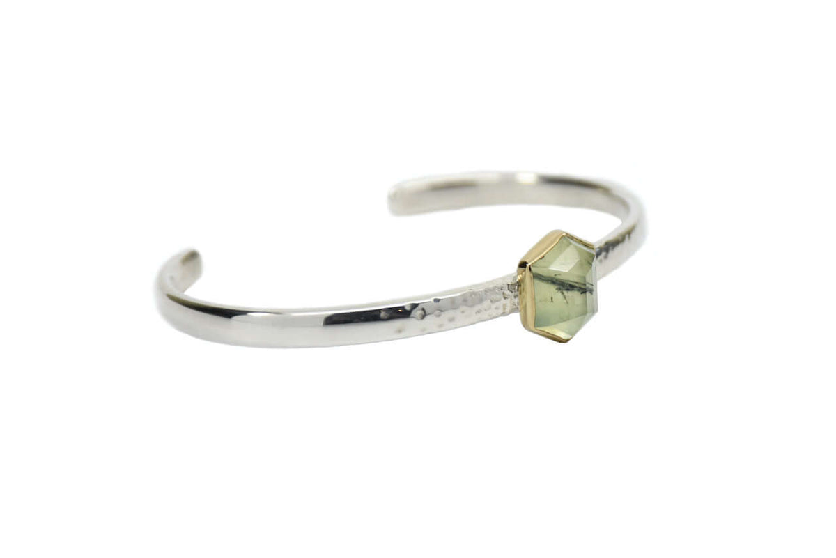 a mixed metal tourmalinated prehnite bracelet