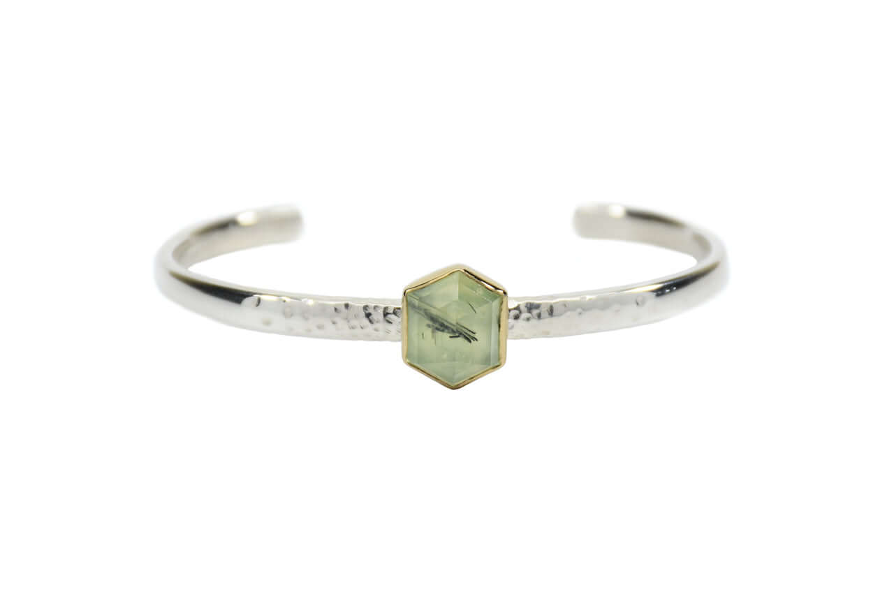 A green tourmalinated prehnite bracelet with sterling silver