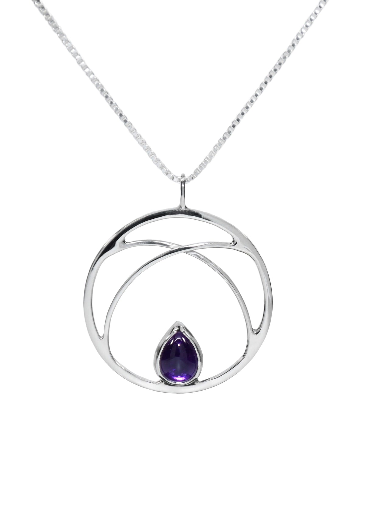 A handmade sterling silver necklace with circle pendant and amethyst
