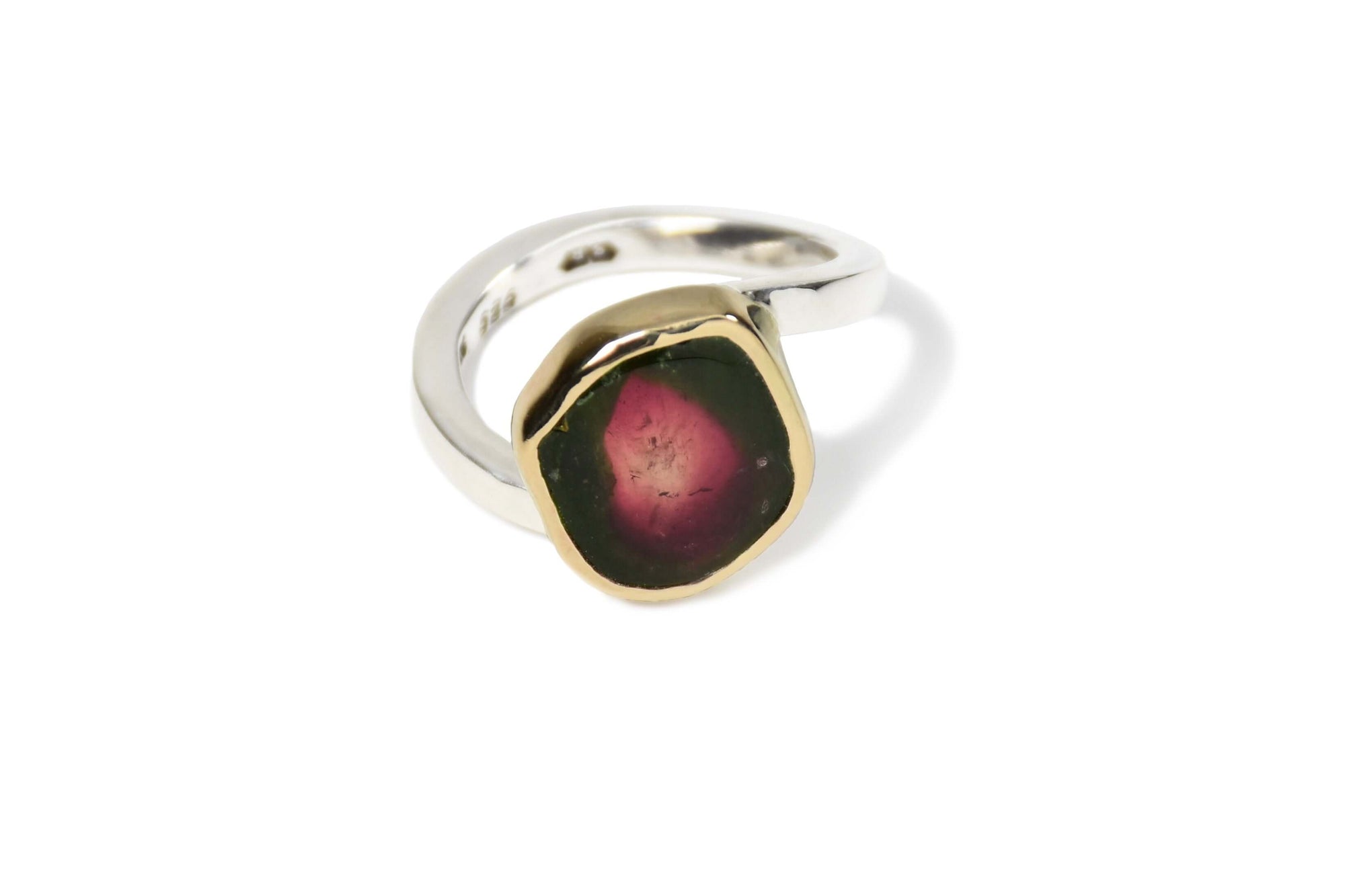 A sterling silver and 14k gold watermelon tourmaline ring