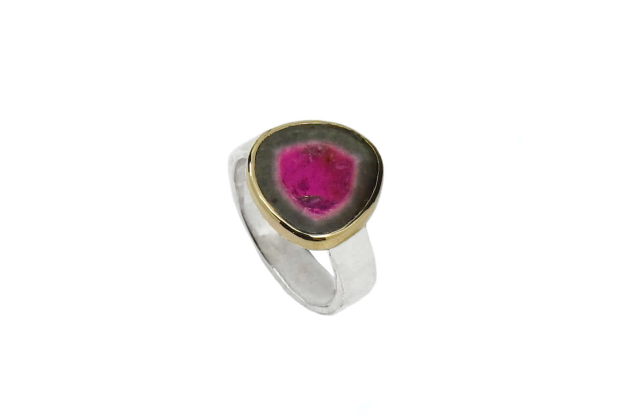 A sterling silver and 14k gold  watermelon tourmaline slice ring