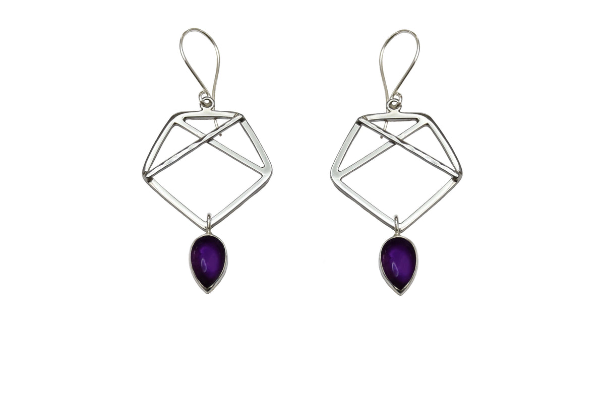 Sterling silver pentagon dangle earrings with amethyst