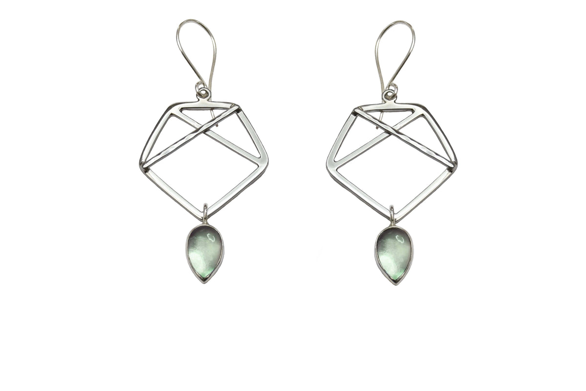 Sterling silver pentagon dangle earrings with green prasiolite