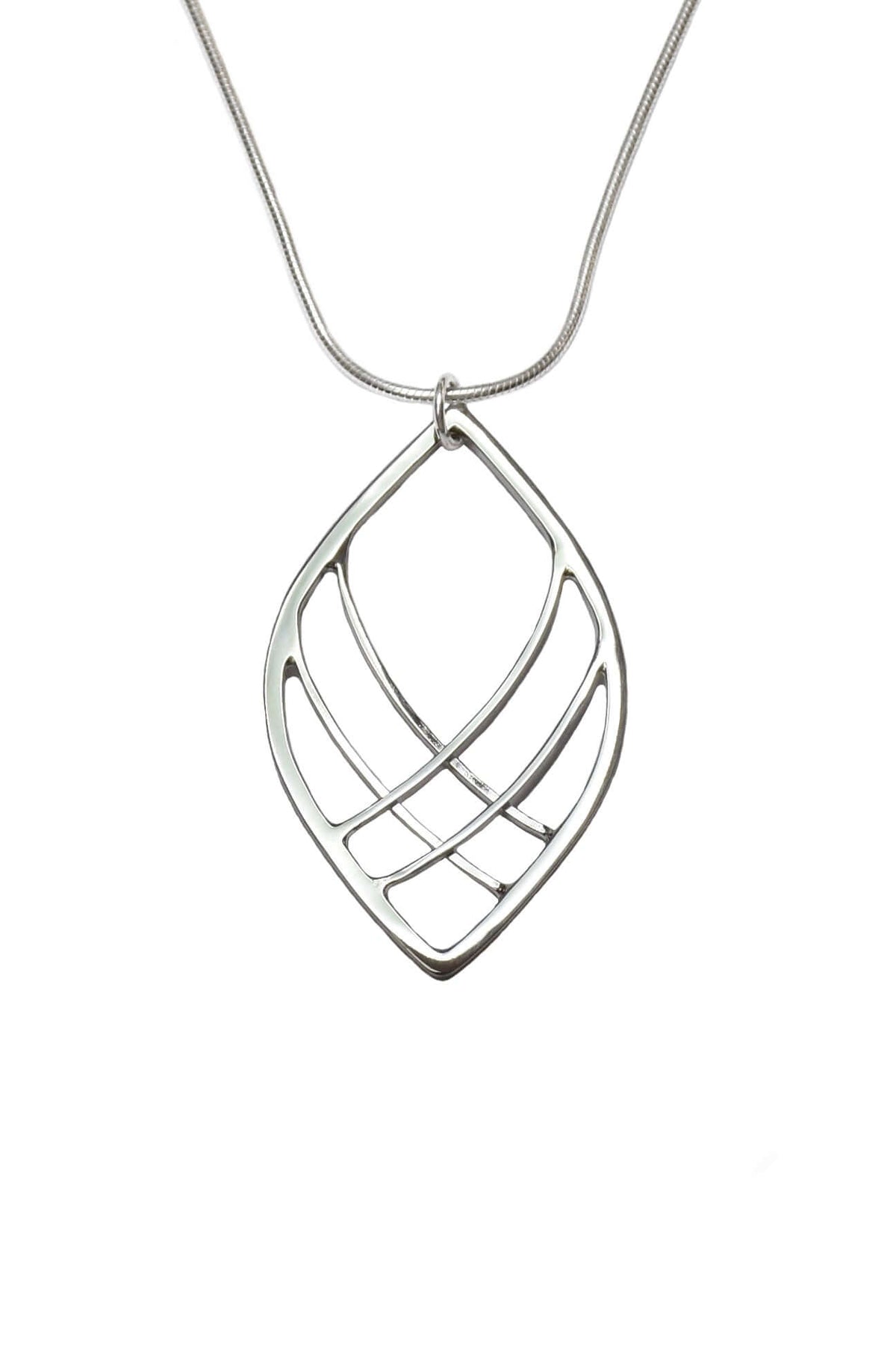 A woven handmade sterling silver leaf pendant on a silver chain