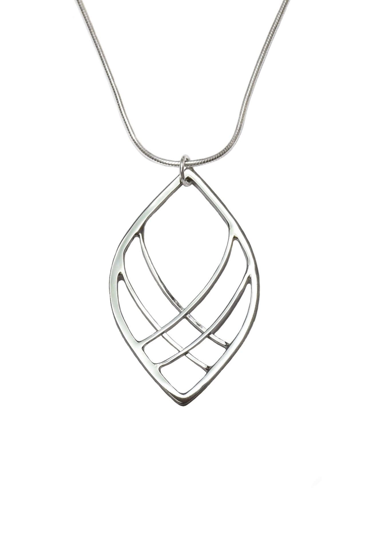 A woven handmade sterling silver leaf pendant on a silver chain