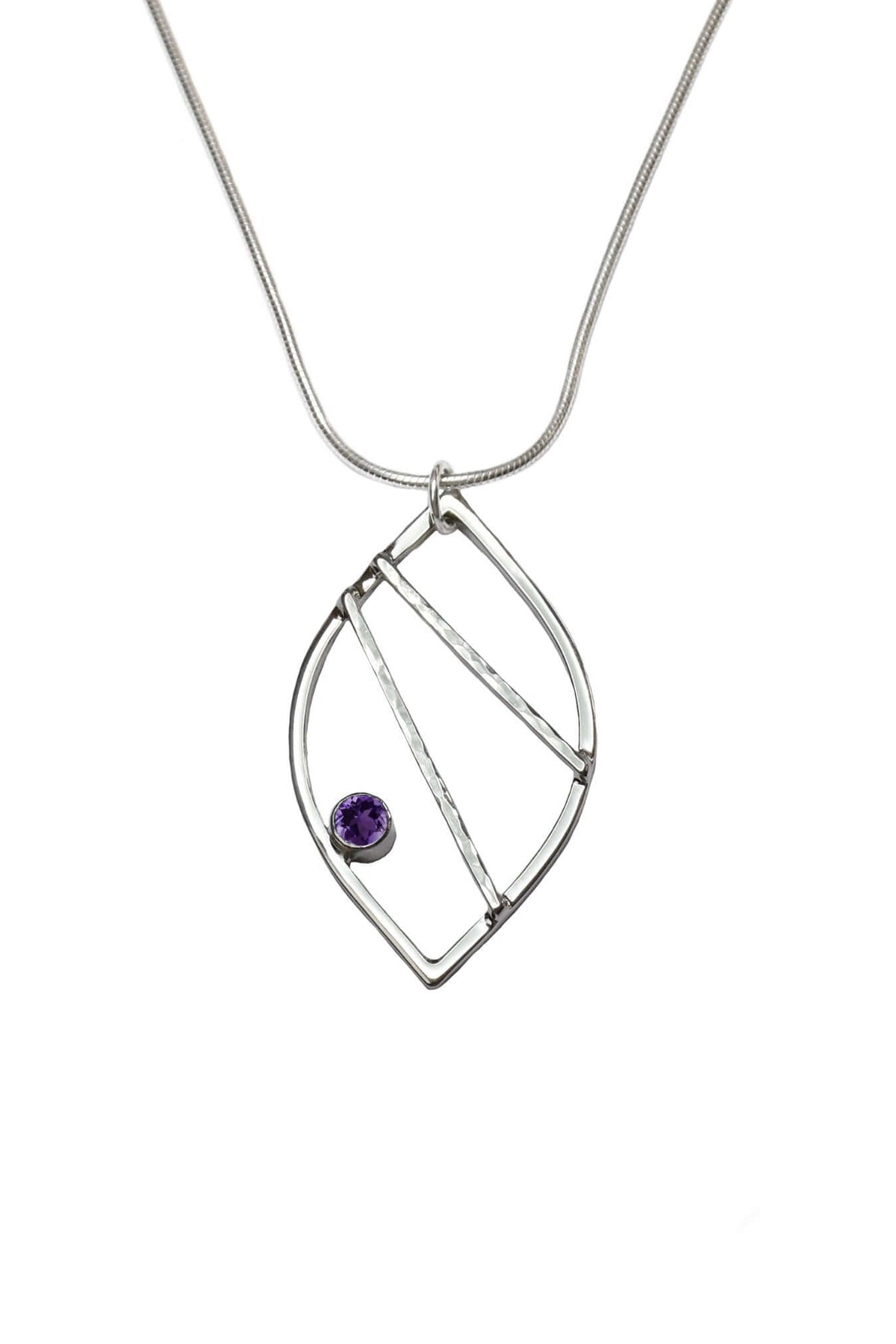 A handmade sterling silver leaf shaped necklace with crossbars and amethyst