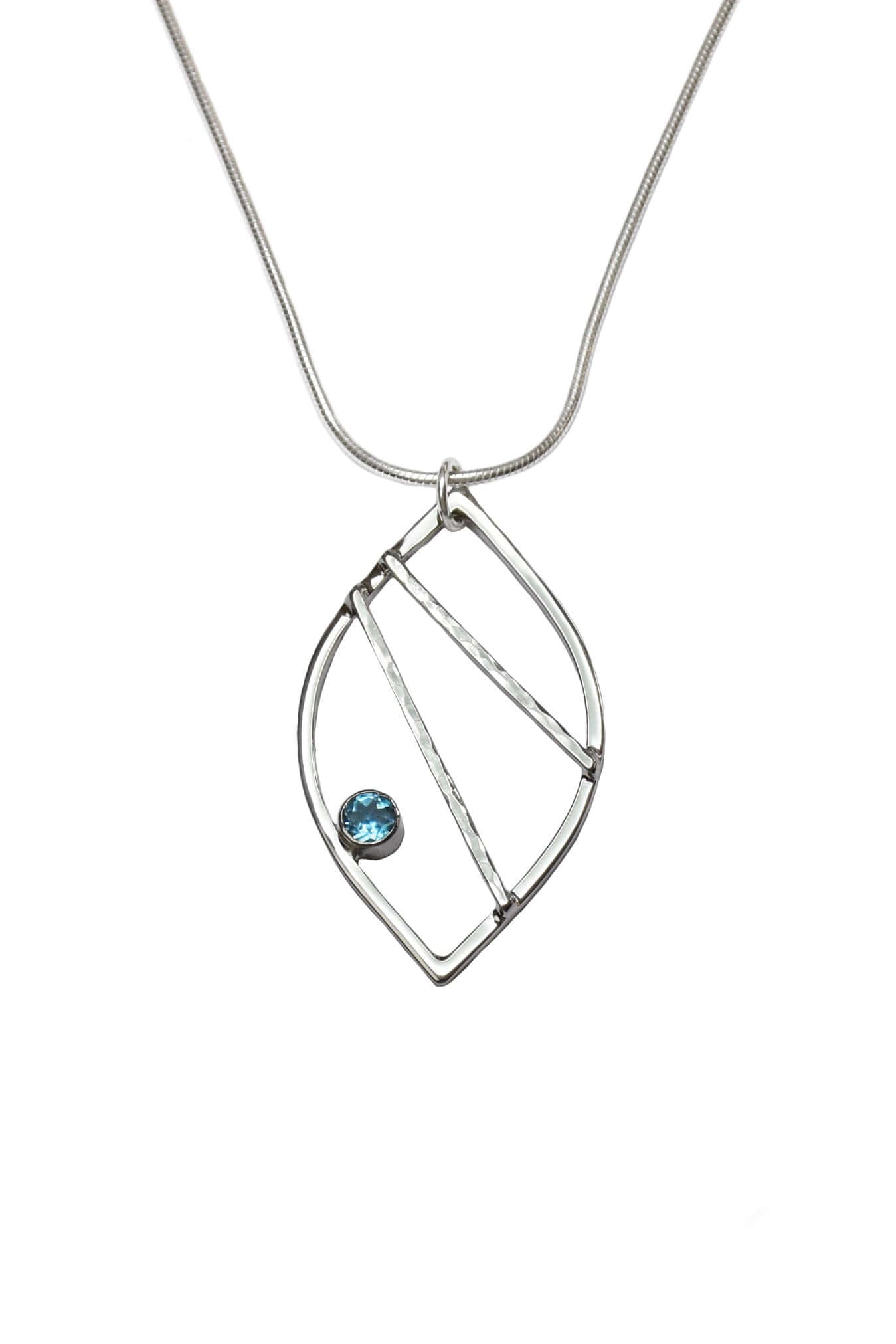 A handmade sterling silver leaf shaped necklace with crossbars and swiss blue topaz