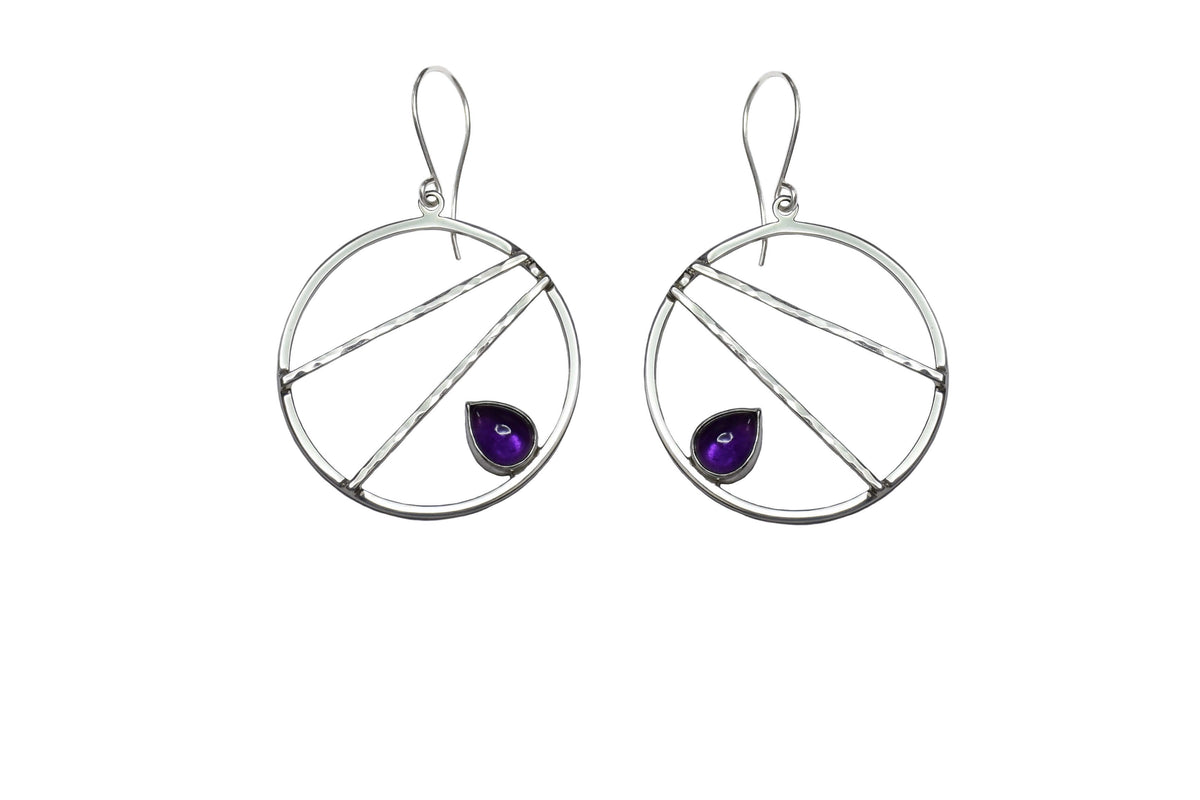 Sterling silver crossbar hoop earrings with amethyst