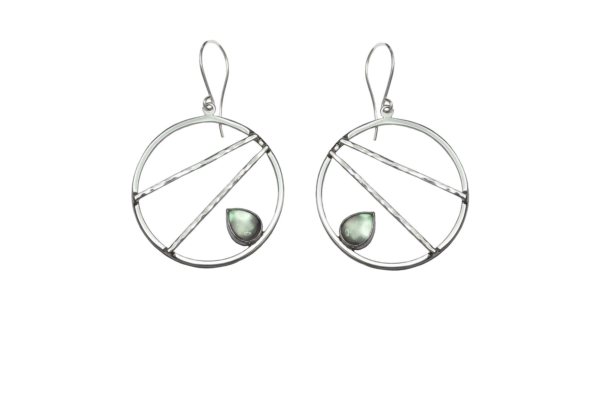 Sterling silver crossbar hoop earrings with green prasiolite