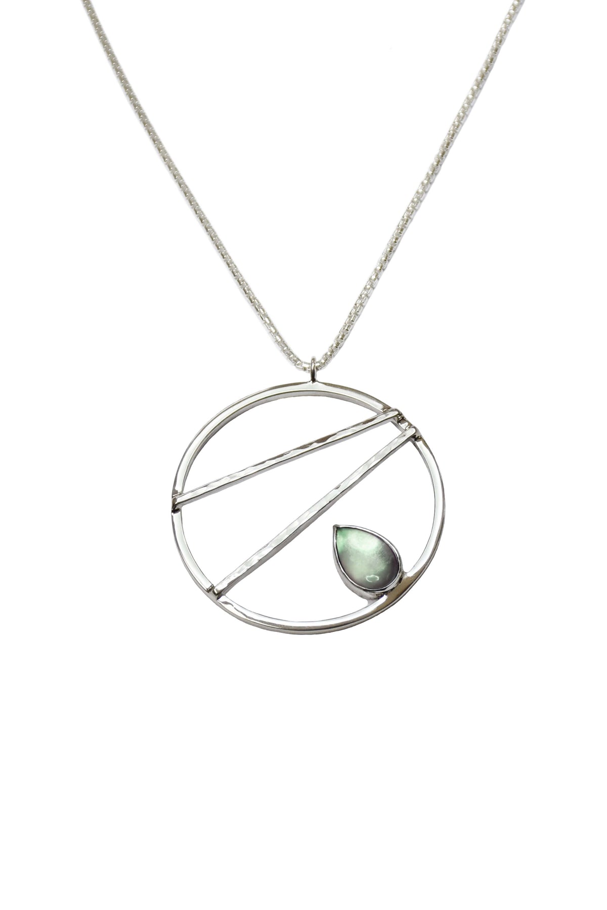 A handmade sterling silver crossbar necklace with green prasiolite
