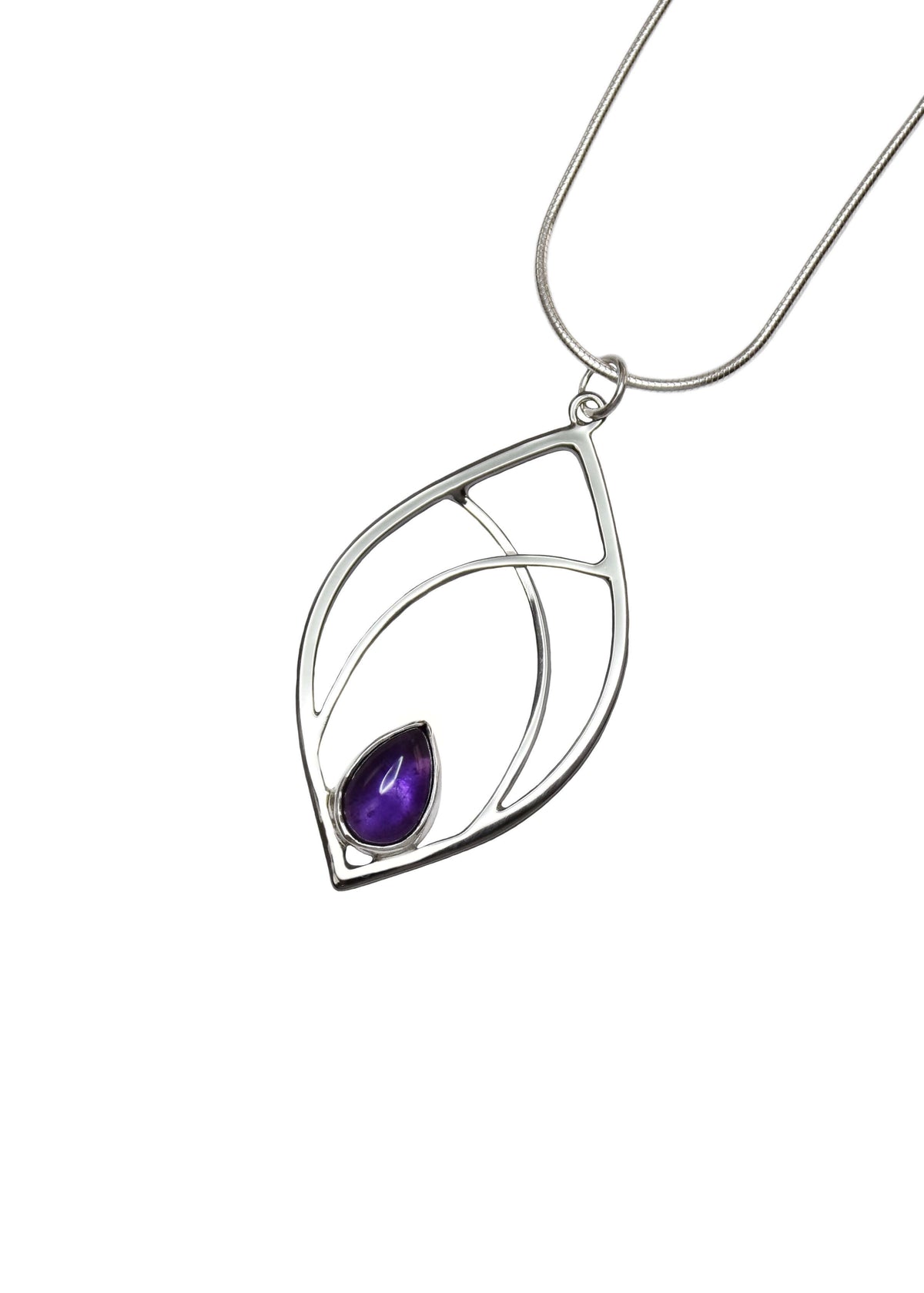 a handmade sterling silver leaf shaped pendant with amethyst