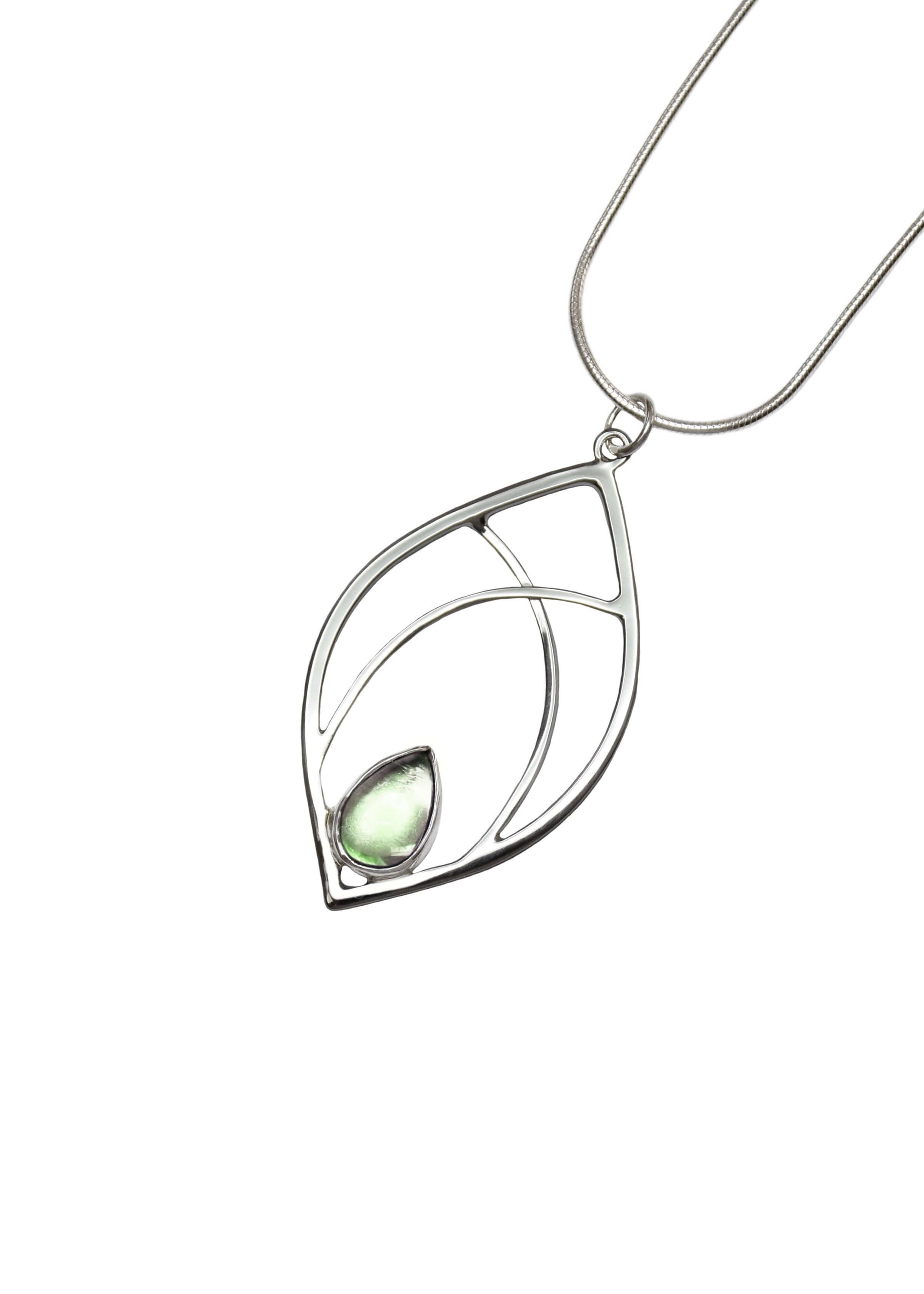 A handmade sterling silver leaf shaped pendant with green prasiolite