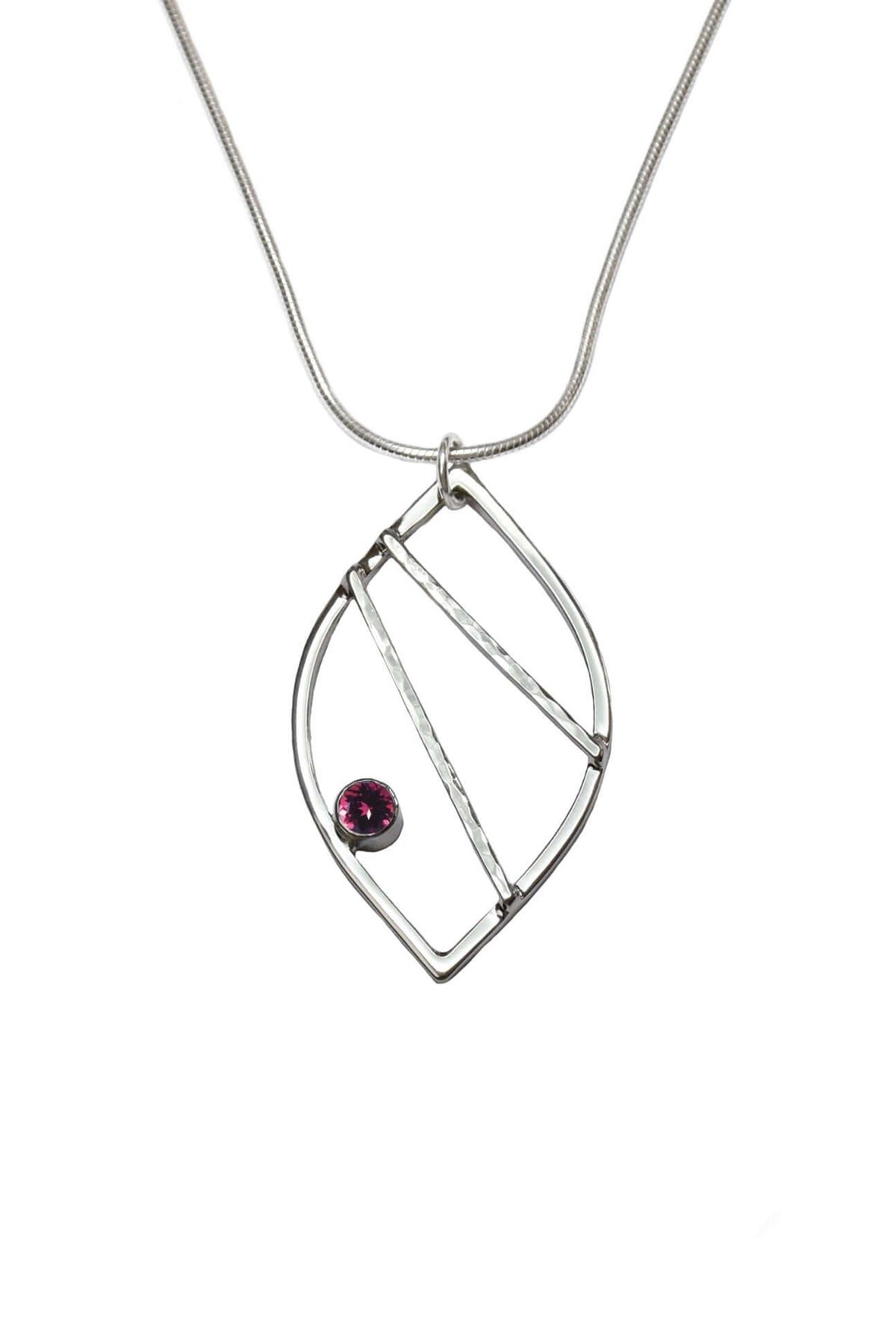 A handmade sterling silver leaf shaped necklace with garnet stone