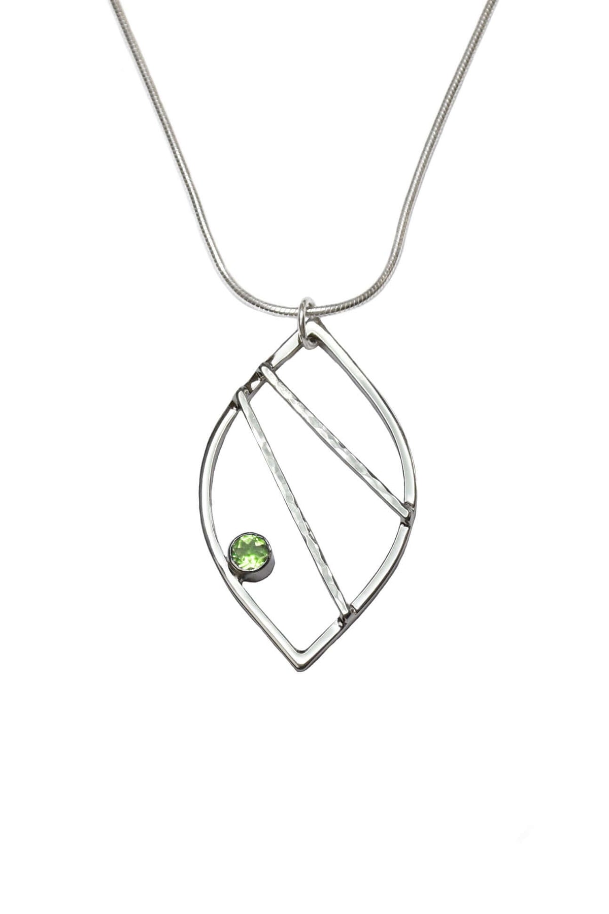 A handmade sterling silver leaf shaped necklace with green prasiolite