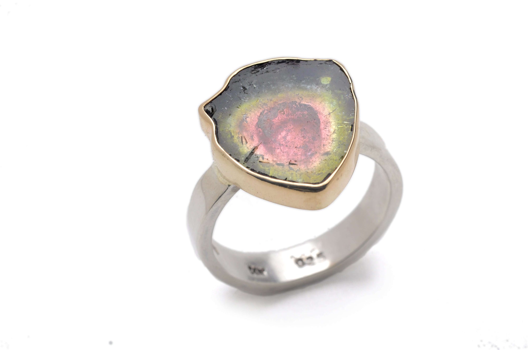A sterling silver, 14k gold and genuine watermelon tourmaline ring